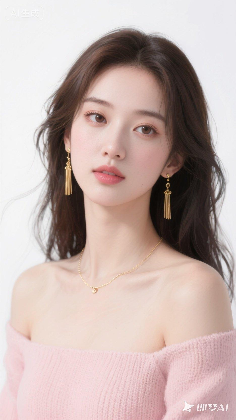 温柔粉少女，甜美妆容，优雅耳环，清新自然。