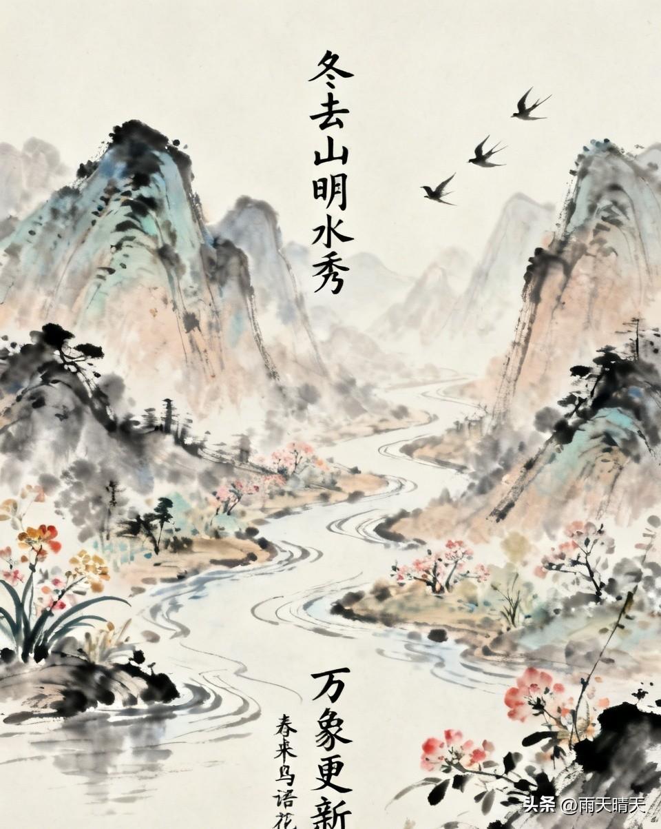 上联：冬去山明水秀

下联：春来鸟语花香

横批：万象更新