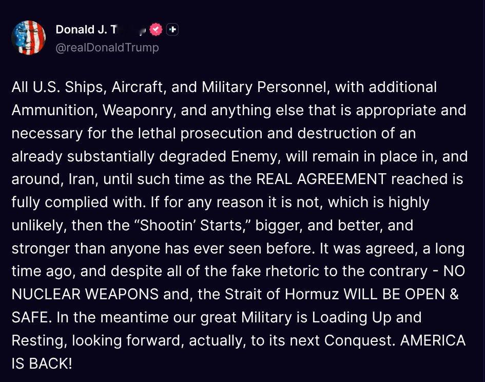 特朗普：所有美国军舰、飞机和军事人员，连同额外的弹药、武器以及任何其他适用于且有