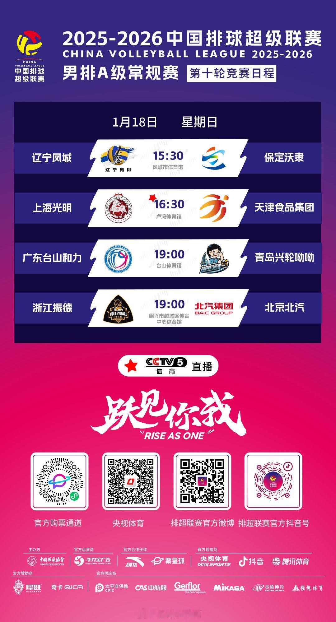 1月18日，2025-2026赛季中国男子排球超级联赛 常规赛A级第10轮展开争