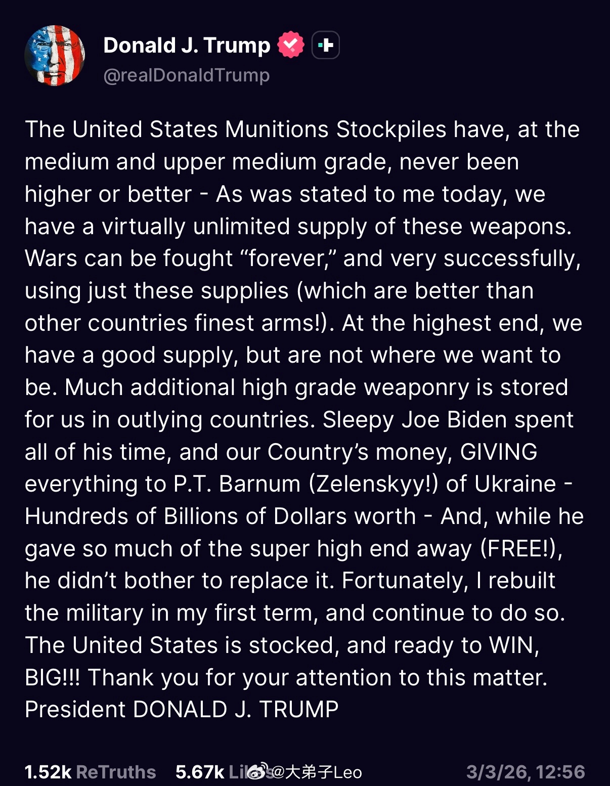 特朗普表示弹药充足，可以一直打下去，并责怪拜登和泽连斯基“美国的军火储备在中等和