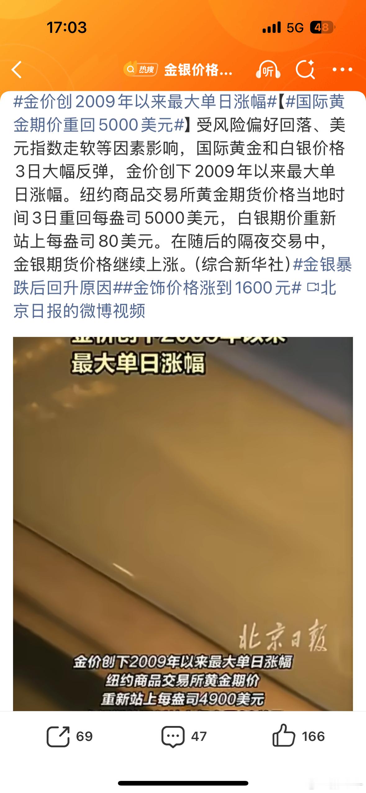 金价创2009年以来最大单日涨幅话说最大涨幅也还没有前天跌的厉害，跌的都还没回来