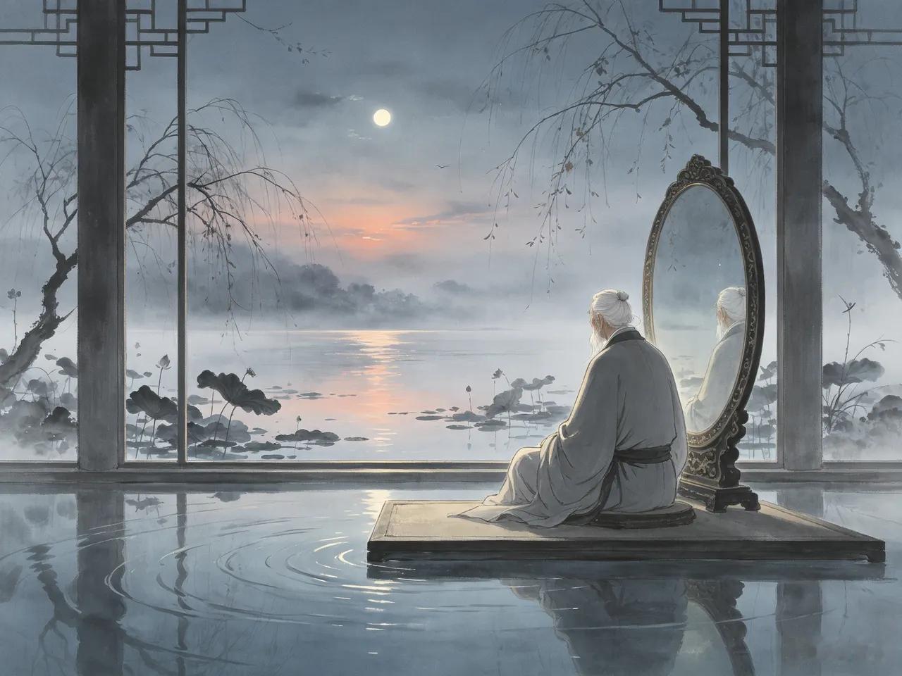 这幅图万籁俱寂，八旬老翁独处赏月，充滿故事感，给人无限暇想！