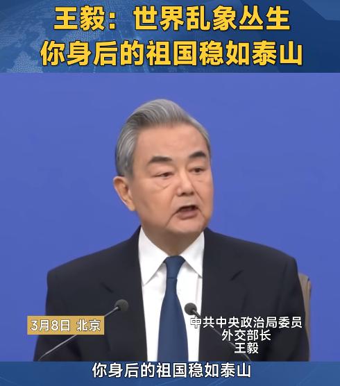 我想告诉海外的同胞们：
你面前的世界乱象从生，你身后的祖国稳如泰山。
大国外长的
