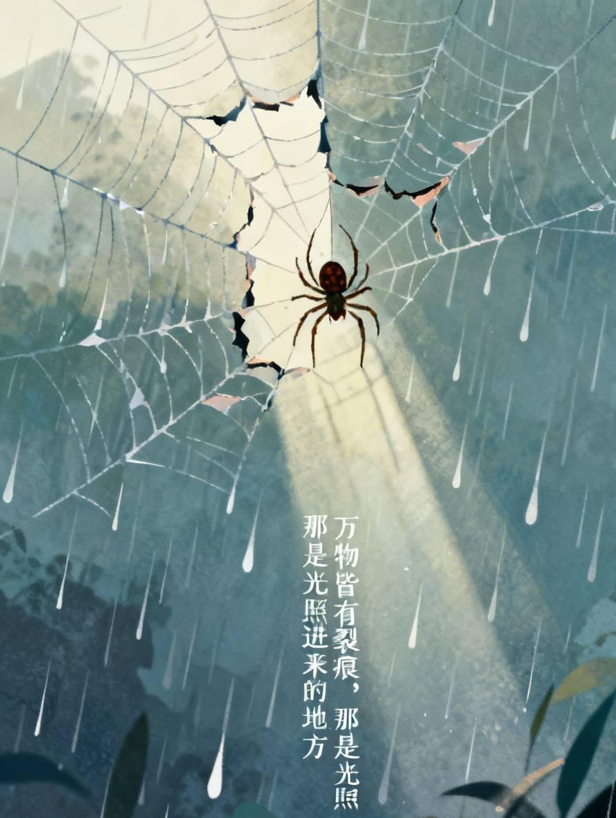 裂痕
雨后，一只蜘蛛艰难地向破碎的蛛网爬去，却一次次跌落。面对同样的挫折，有人叹