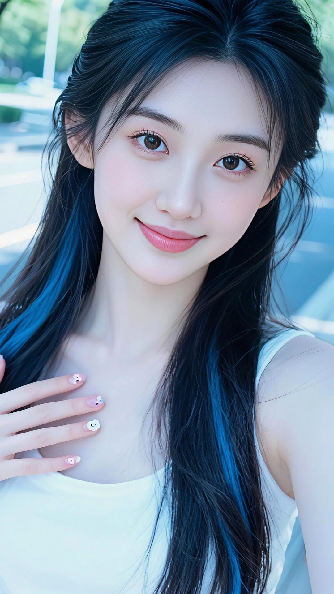 蓝发映晴空，笑靥如花绽。