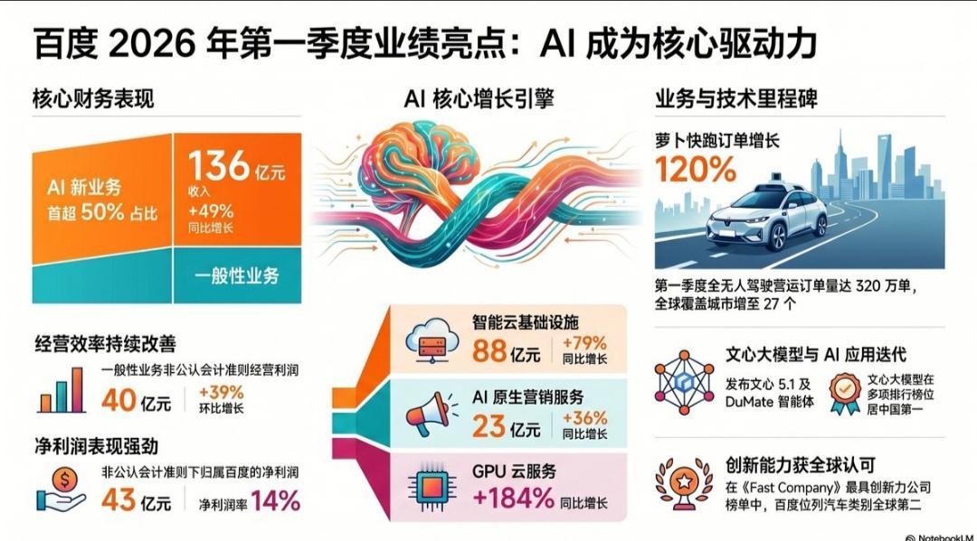 AI新业务首次贡献过半收入，百度转型之路迎来关键转折点。
百度集团今日发布202