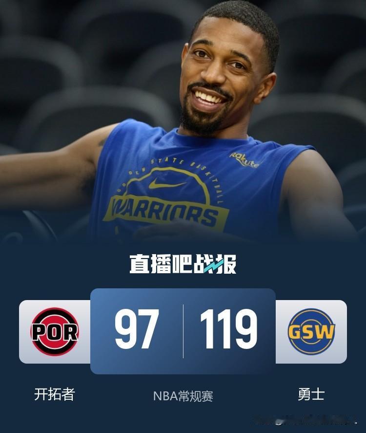 勇士开拓者本赛季第四战
此前三战勇士均告负，本场比赛阿夫迪亚缺阵，勇士主场119
