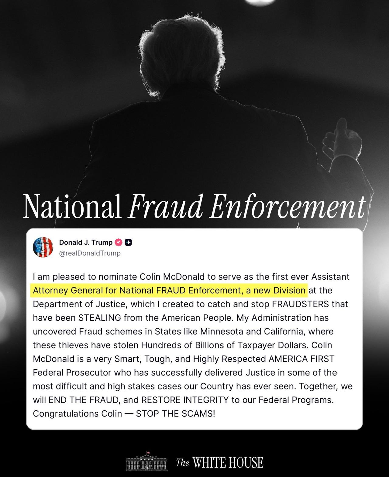 美国总统特朗普宣布任命了首位专门负责调查欺诈案件的司法部副部长。

科林·麦克唐