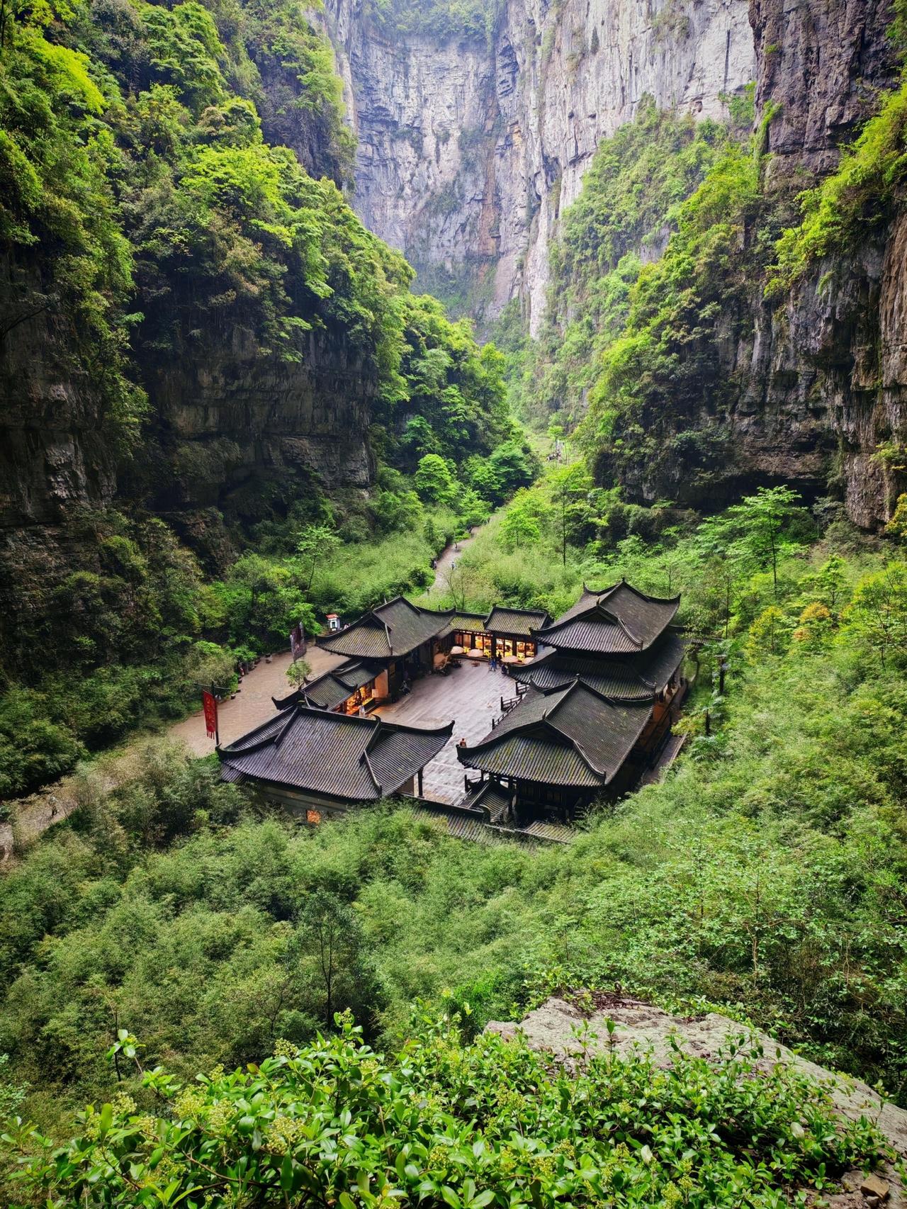 这是重庆武隆喀斯特国家地质公园，世界自然遗产。画面中，巨大的天然桥洞和深邃的峡谷