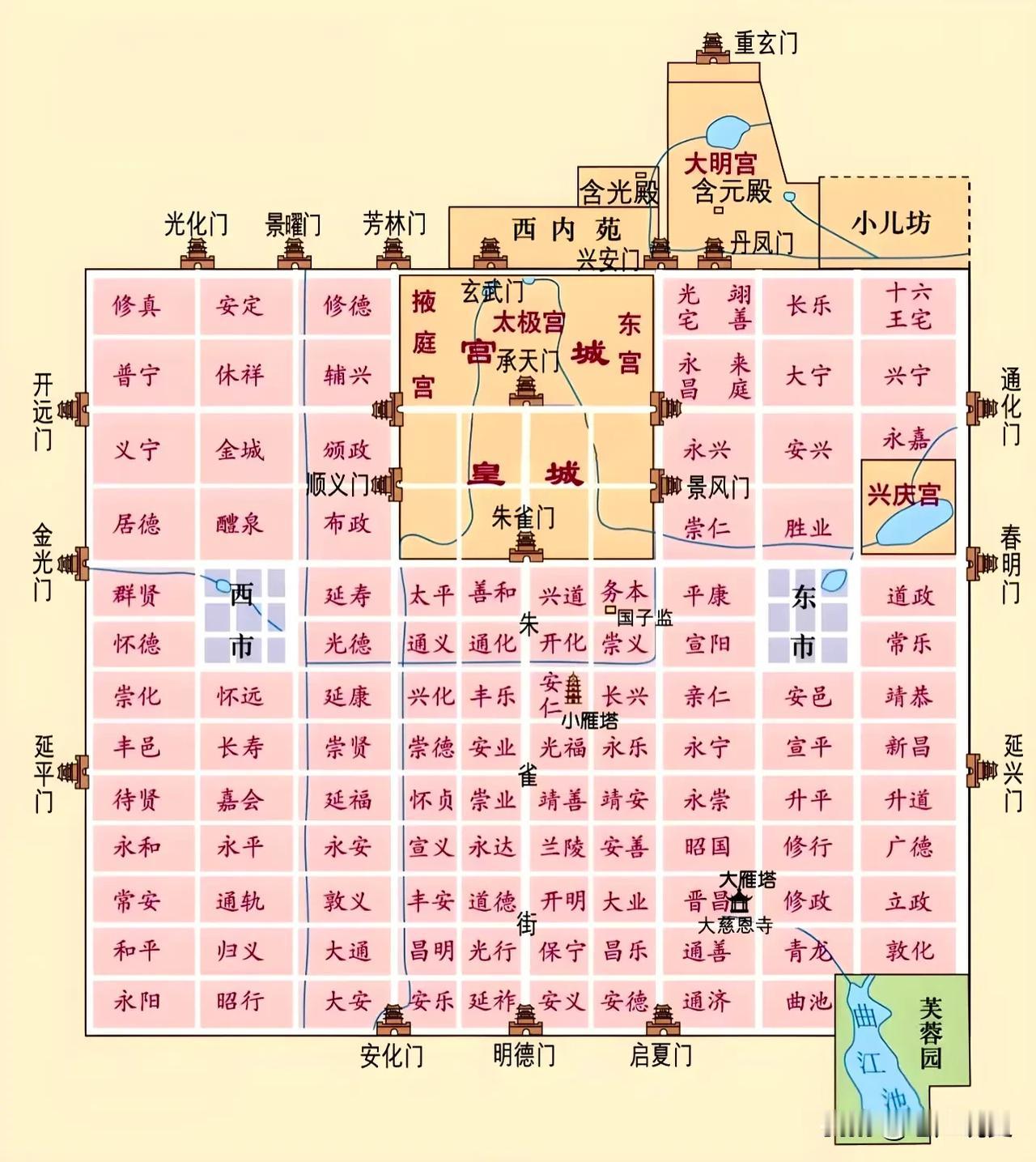 唐朝长安城是隋唐两朝的都城，始建于隋朝，初名为大兴城，唐朝时改为长安城。长安城占