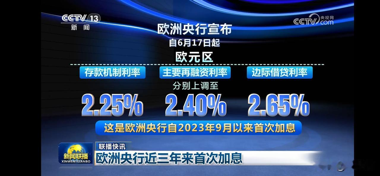 欧洲央行三年来首次加息，存款利率上调至2.25%