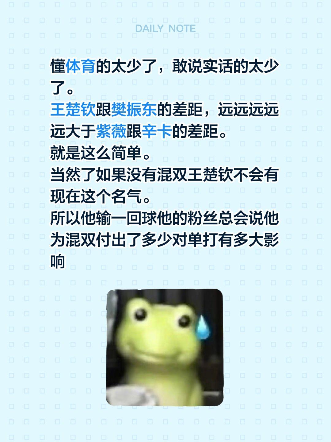 懂体育的太少了，敢说实话的太少了。
王楚钦跟樊振东的差距，远远远远远大于紫薇跟辛