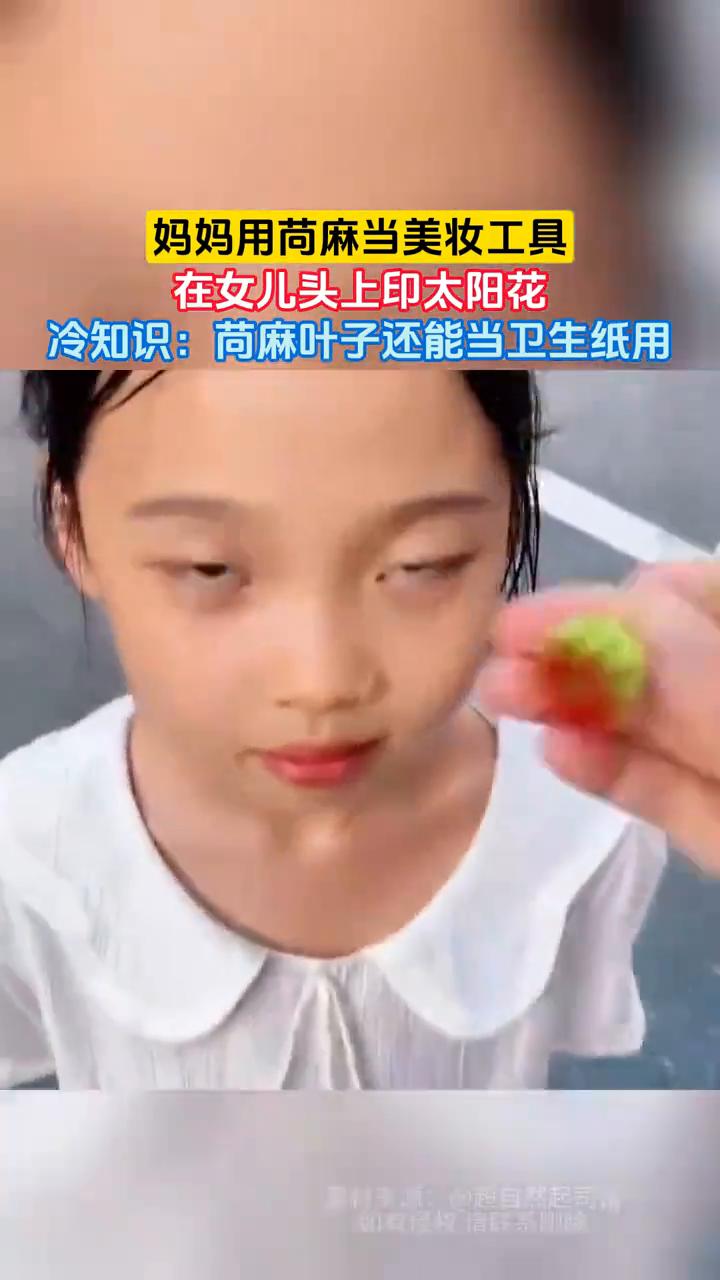 妈妈用苘麻当美妆工具，在女儿头上印太阳花。
冷知识：荷麻叶子还能当卫生纸用。
素