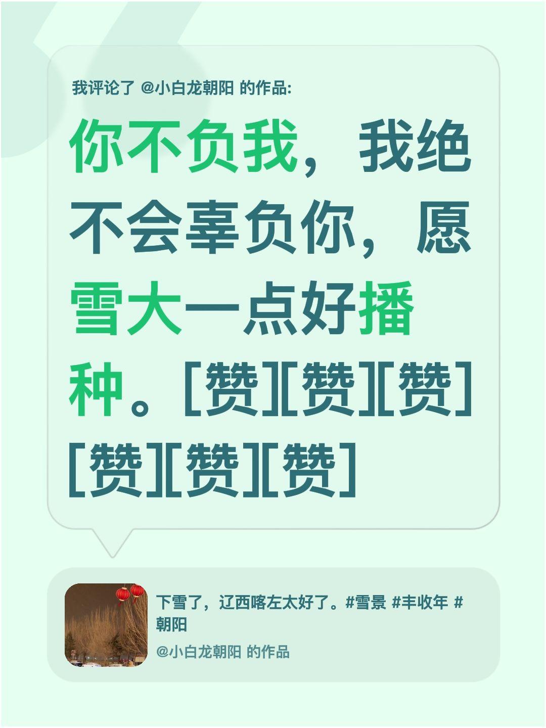 你恨我吗？我评论了@小白龙朝阳 的作品：
你不负我，我绝不会辜负你，愿雪大一点好