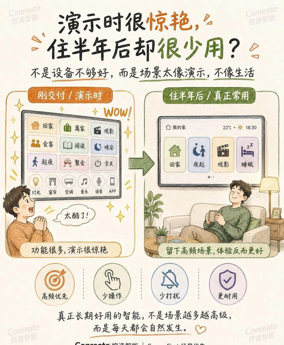 智能演示很惊艳，为什么住半年后却很少用？
很多智能家居刚交付的时候都很“炸”：