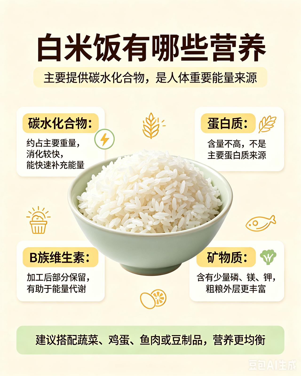 白米饭的营养成分可不少。它主要由大米做成，含有碳水化合物，这可是维持大脑功能必需