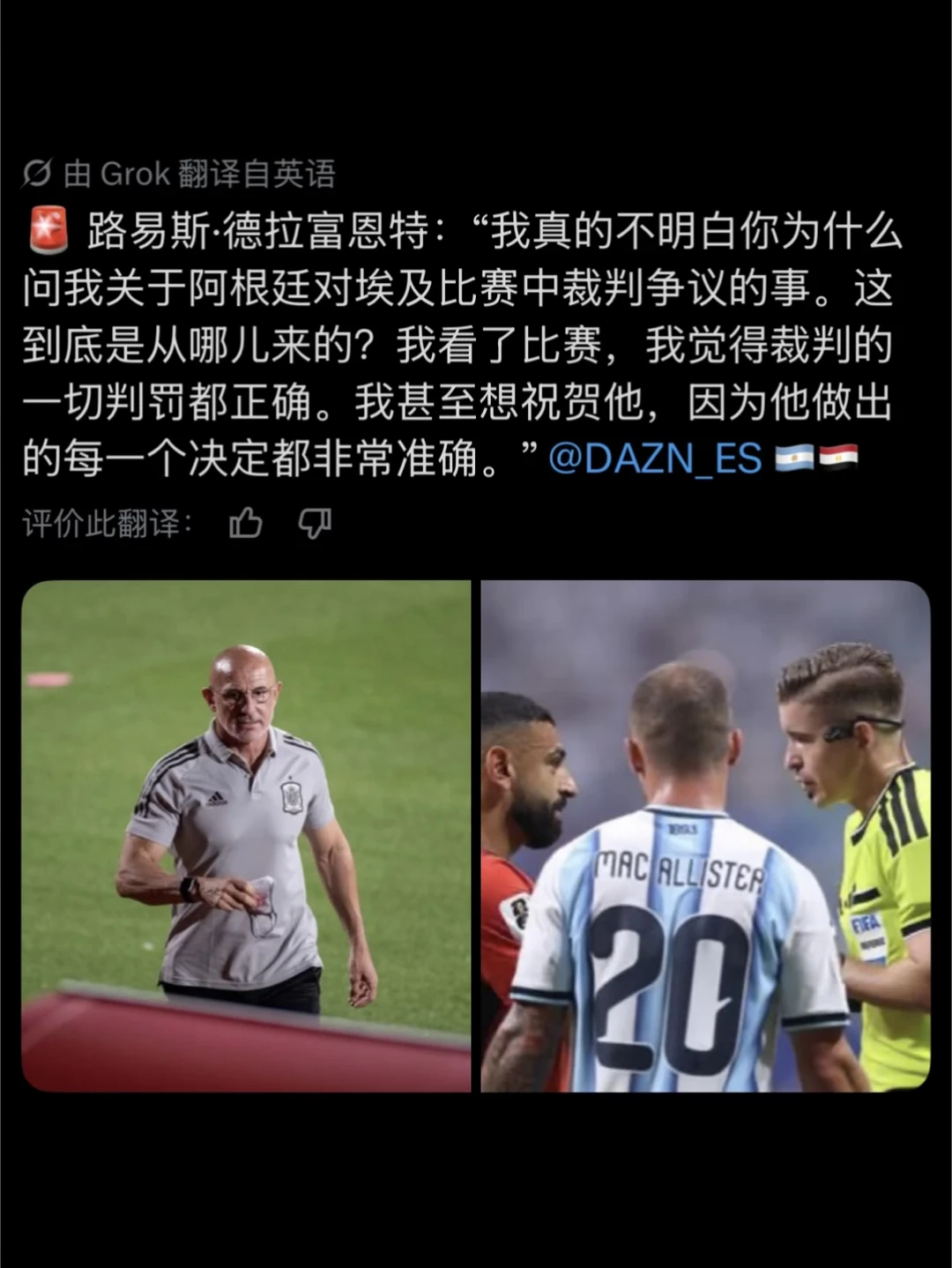 西班牙教练：阿根廷对埃及，每个判罚都正确！