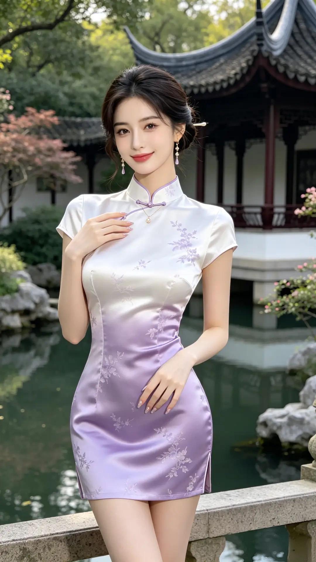 江南庭院藏清雅，佳人一袭渐变紫缎旗袍，尽显东方韵味。
缎面流光莹润，白紫晕染间缀