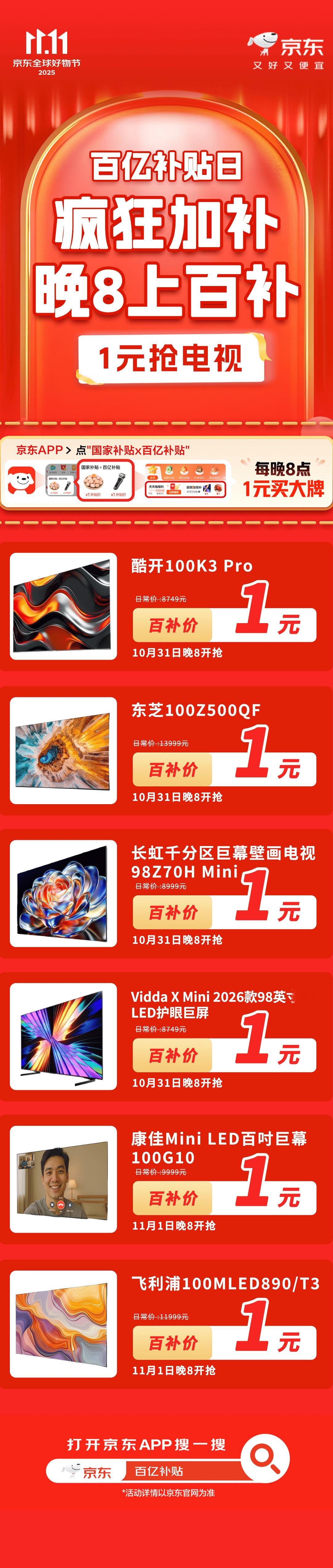 有些消息是听不得的，比如京东百亿补贴日来了，百吋的电视能参与1元抢，还有各种大牌