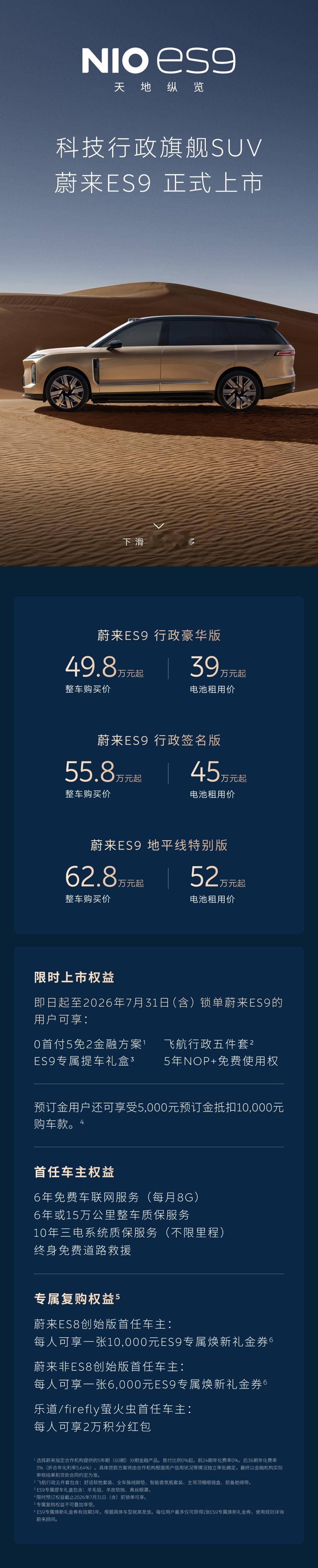 蔚来es9上市发布会豪华版买断：49.8万，租电：39万签名版买断：55.8万，