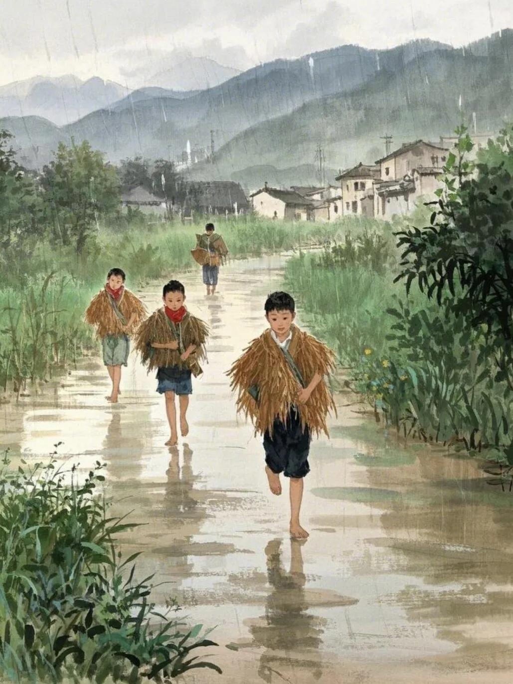 下雨了，想起来小时候9-10月份的淋雨季节，农村的男孩子大多都是头上顶着一个化肥