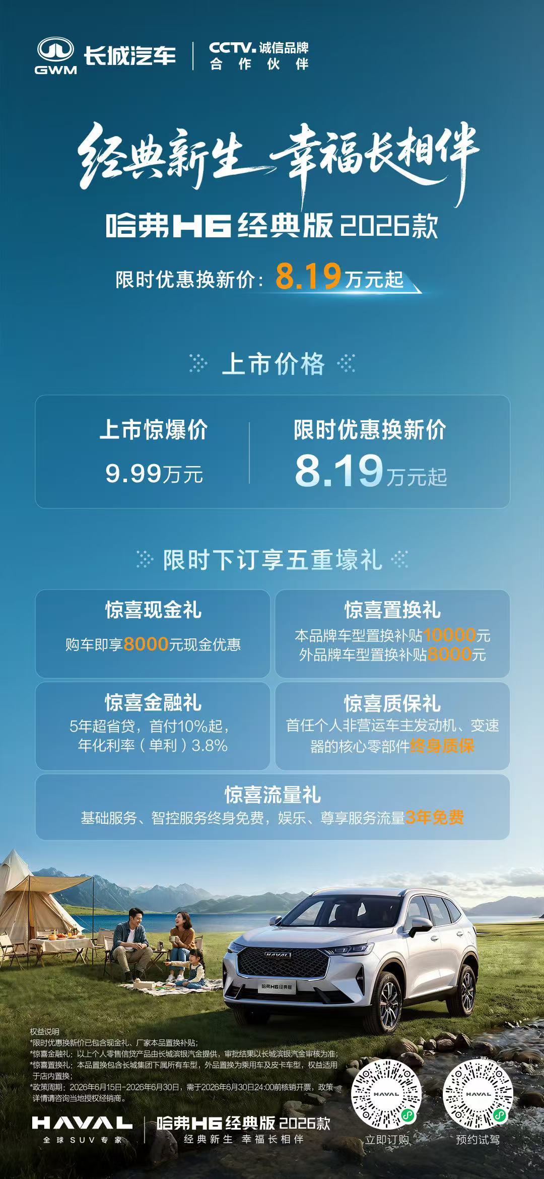 哈弗H6经典版2026款限时优惠换新价8.19万元起 