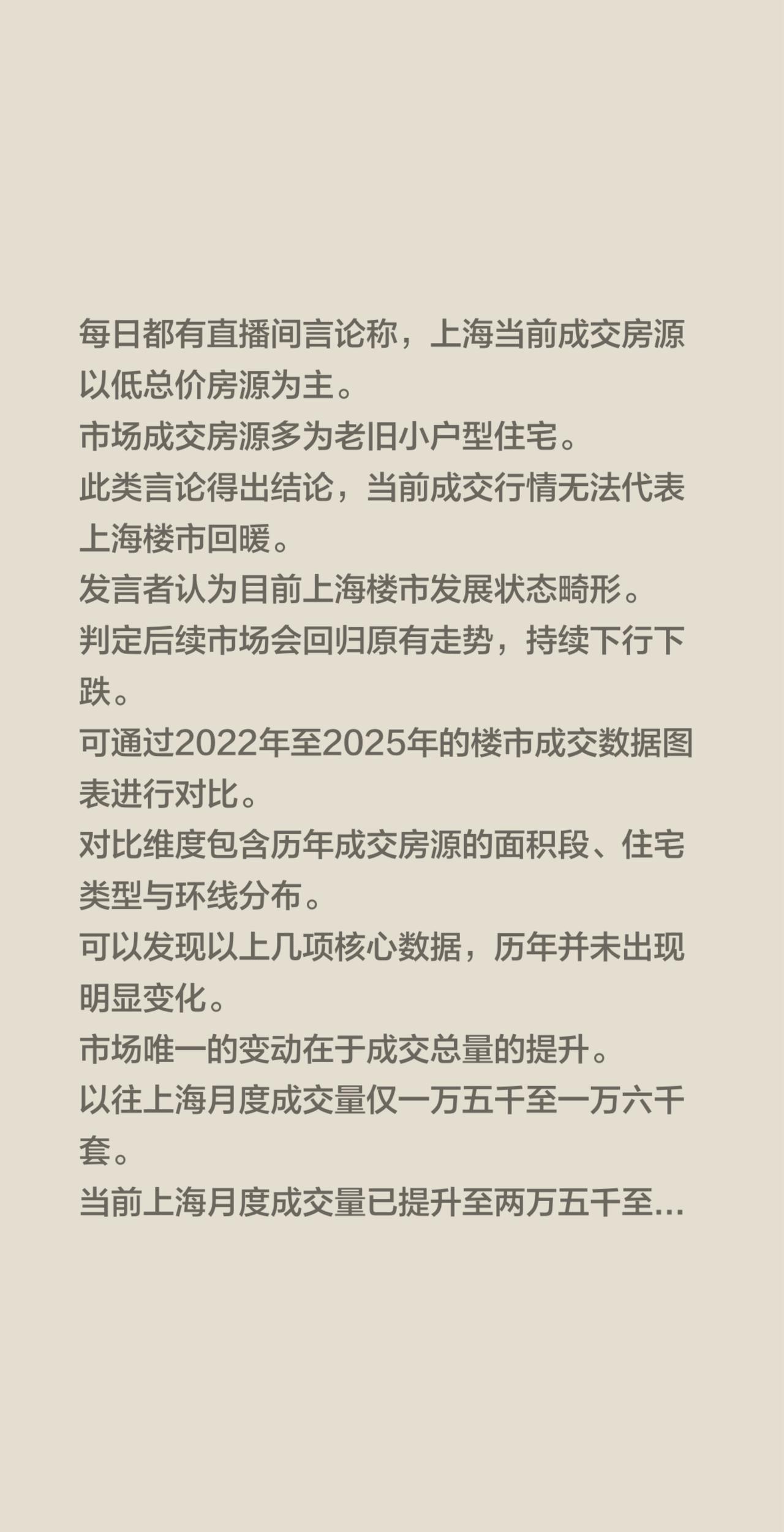 每日都有直播间言论称，上海当前成交房源以低总价房源为主。
市场成交房源多为老旧小