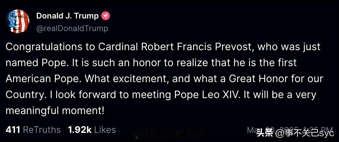 美国首位教皇，川普发来贺电:

“祝贺Robert Francis Prevos