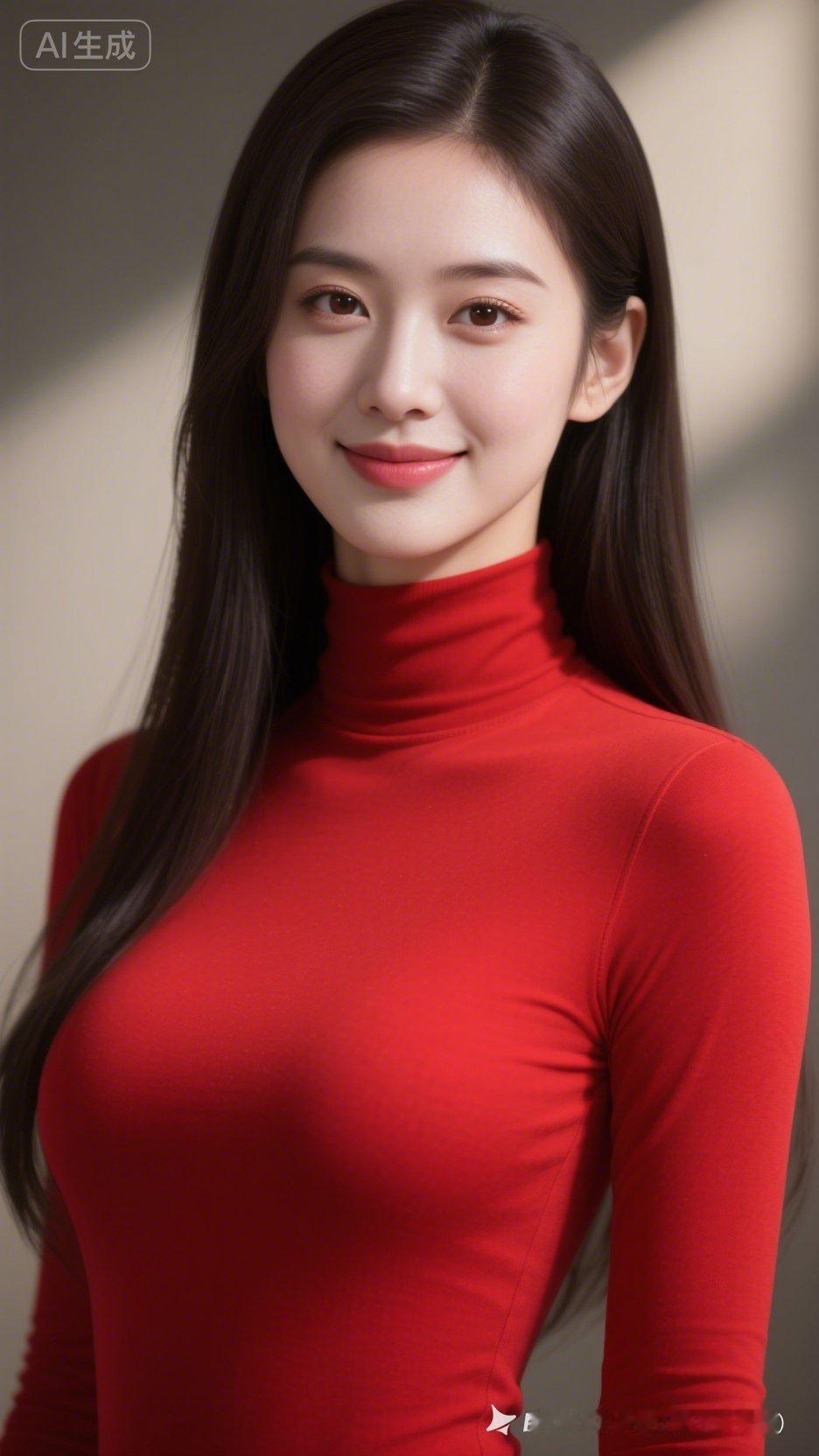 穿红色高领衫的女孩微笑着。