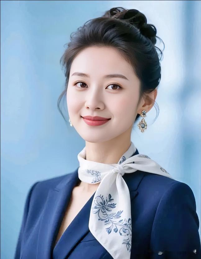 深蓝西装邂逅柔白丝巾，盘发轻挽，明眸浅笑，职场佳人温婉从容，优雅天成。