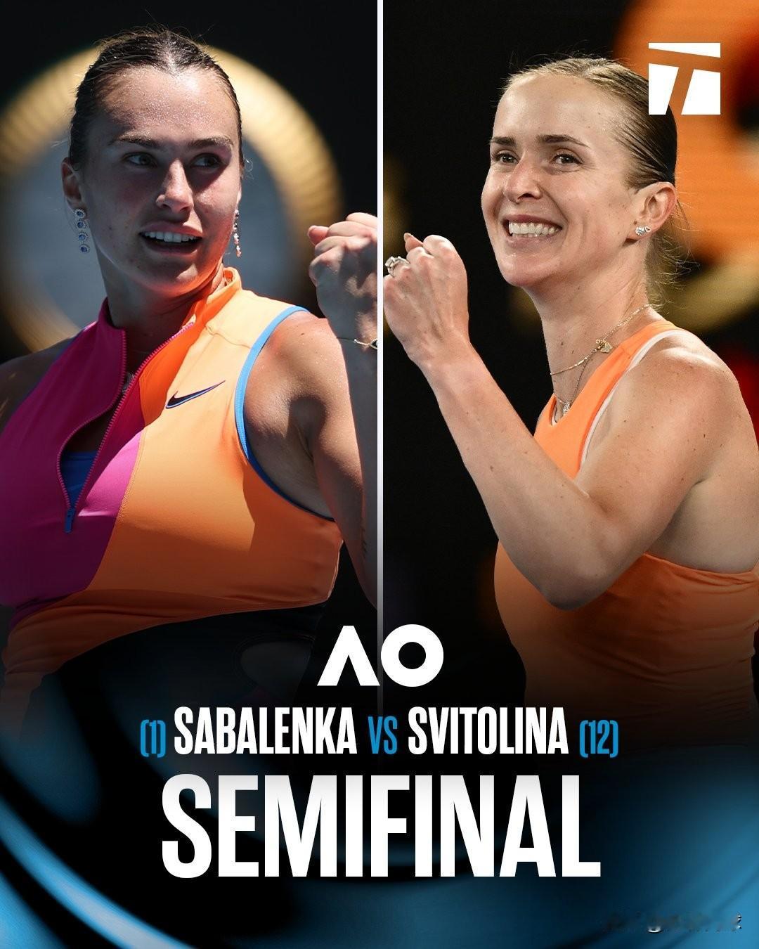 澳网女单四强全部产生
🇧🇾（1）萨巴伦卡vs（12）斯维托丽娜🇺🇦
🇰