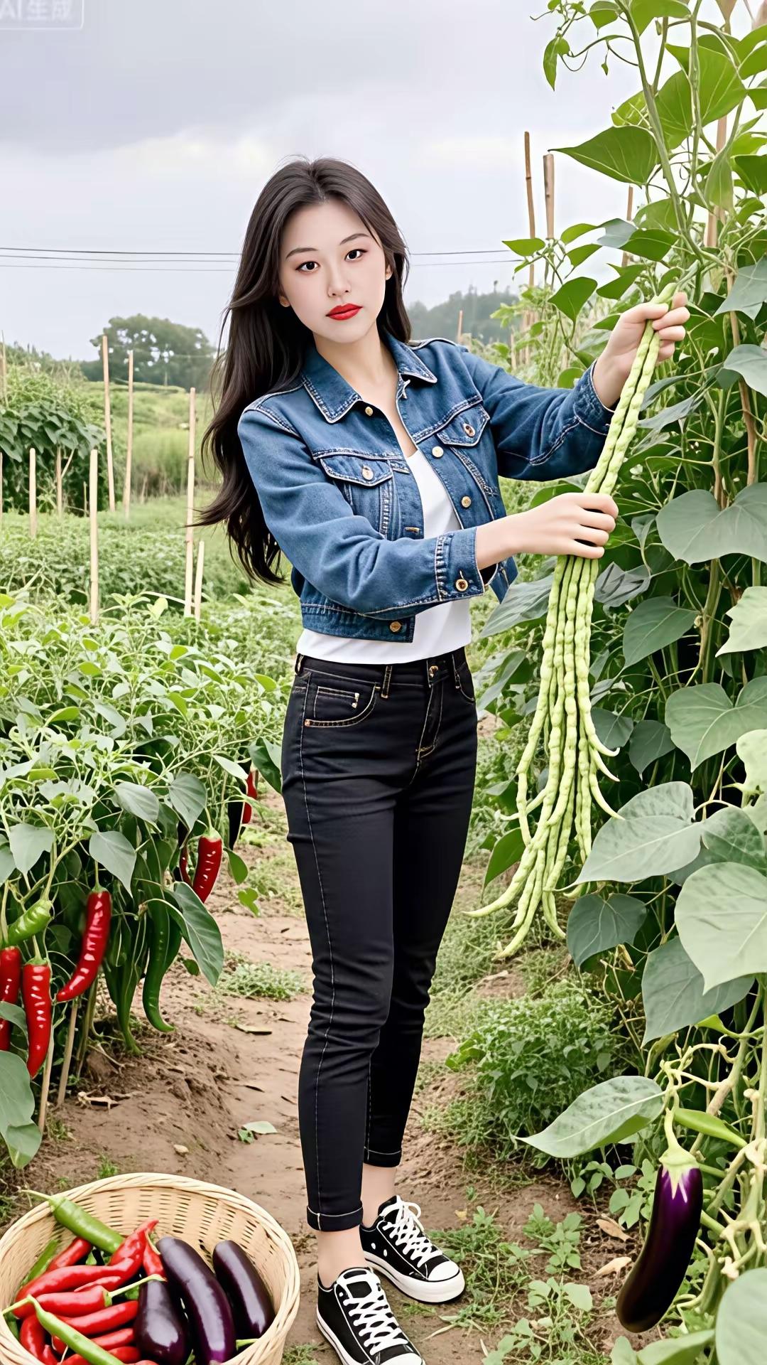 田园少女采摘绿色蔬菜，清新自然，感受大自然的美好！🌿🌱