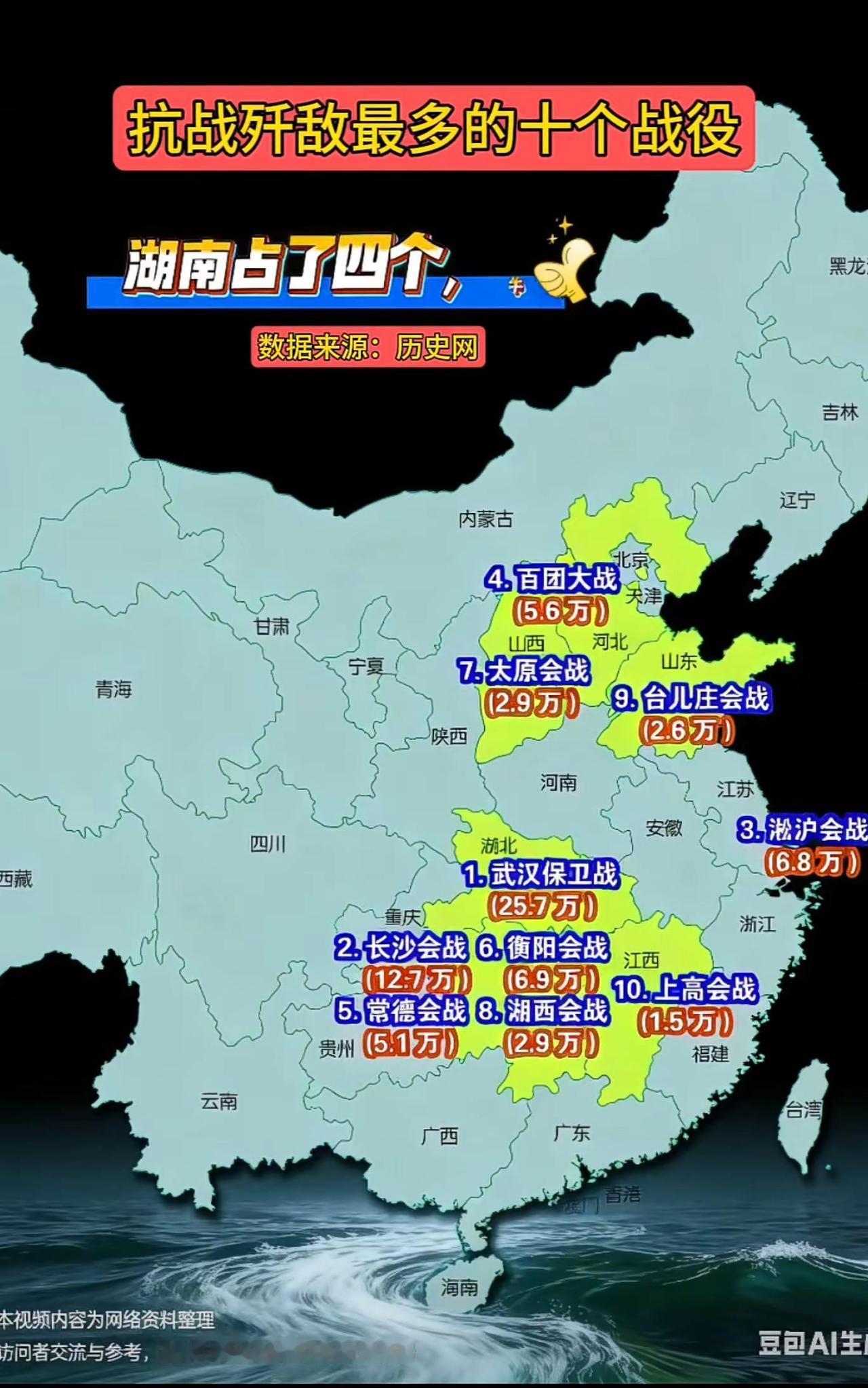 信息图直观展示了抗日战争中歼敌数量最多的十个战役，并突出强调湖南省独占了其中四席