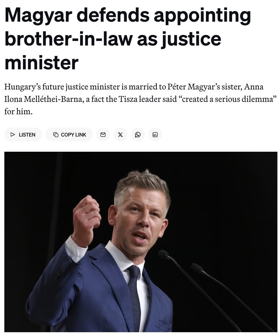 🇭🇺 匈牙利新任总理马扎尔·彼得为自己的裙带资本主义辩护，此前不久他任命了自
