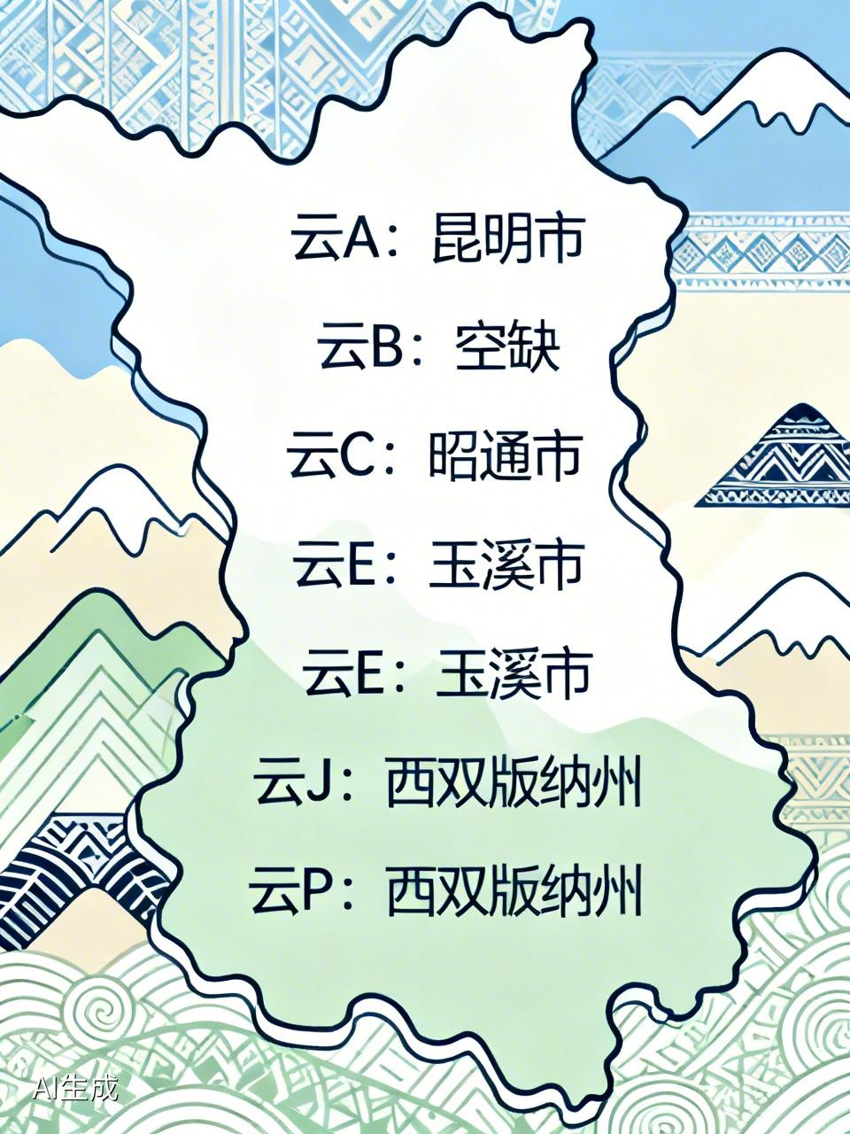 📍看到这张云南省各地区车牌代码图，着实有趣。
🅰️如同许多地方省会车牌用A一