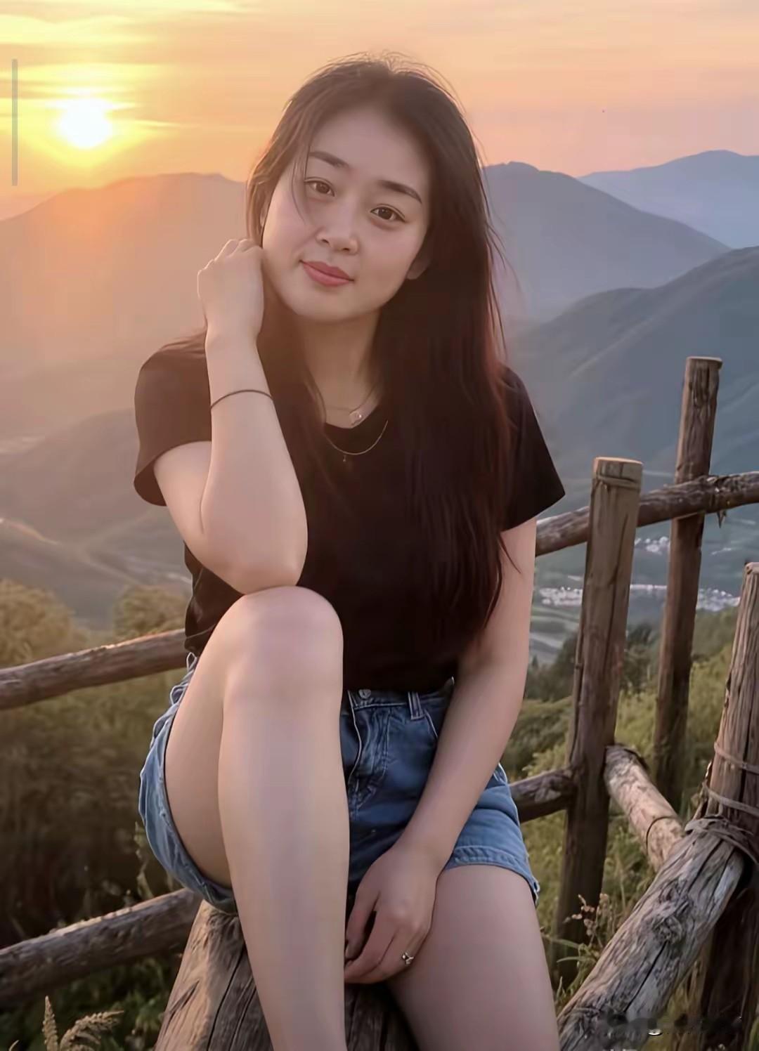夕阳下的少女，静坐山巅，享受宁静时光。
