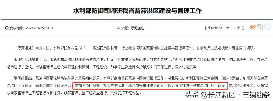 水利部来人了！要求加快项目储备，推进项目前期工作，看来长江新区武湖蓄滞洪区安全建