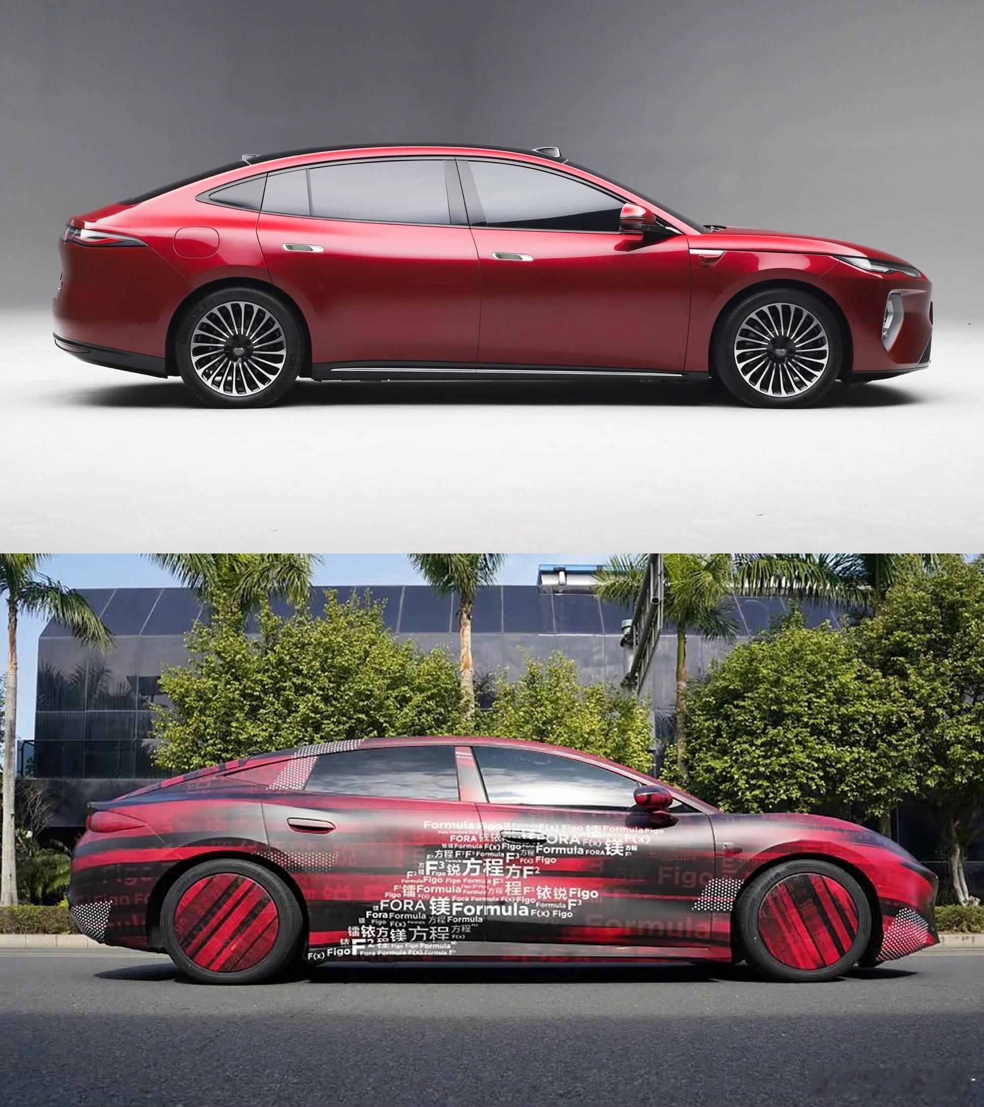 方程豹轿车的侧面曲线比海豹 08 好多了，缩短了前后悬的同时也能一眼认出是新家族