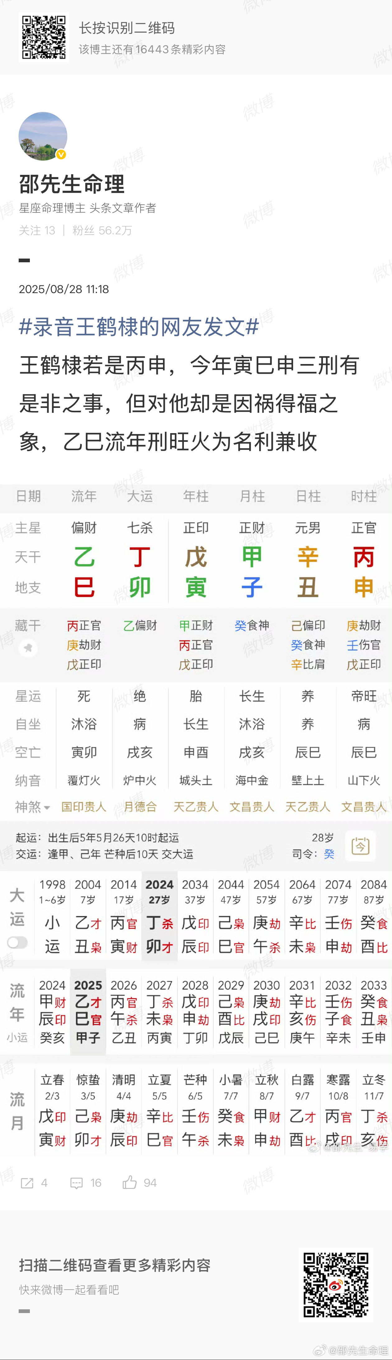 王鹤棣经纪人朋友圈王鹤棣和姆巴佩同一天生日，两人命运都不错，今年丑午穿害多有是非