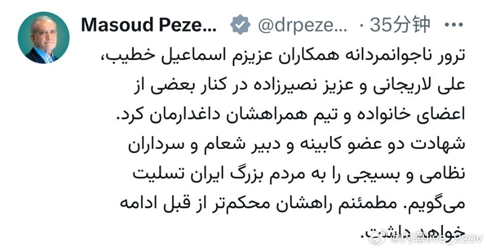 ️伊朗总统证实：伊朗情报部长伊斯梅尔·哈提卜遭暗杀。 