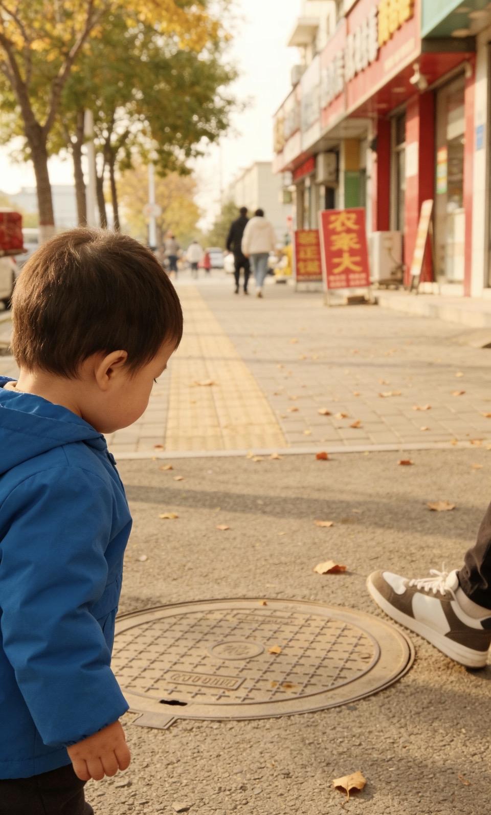 小男孩低头看着地上的落叶。做事随缘真的好吗🙏
