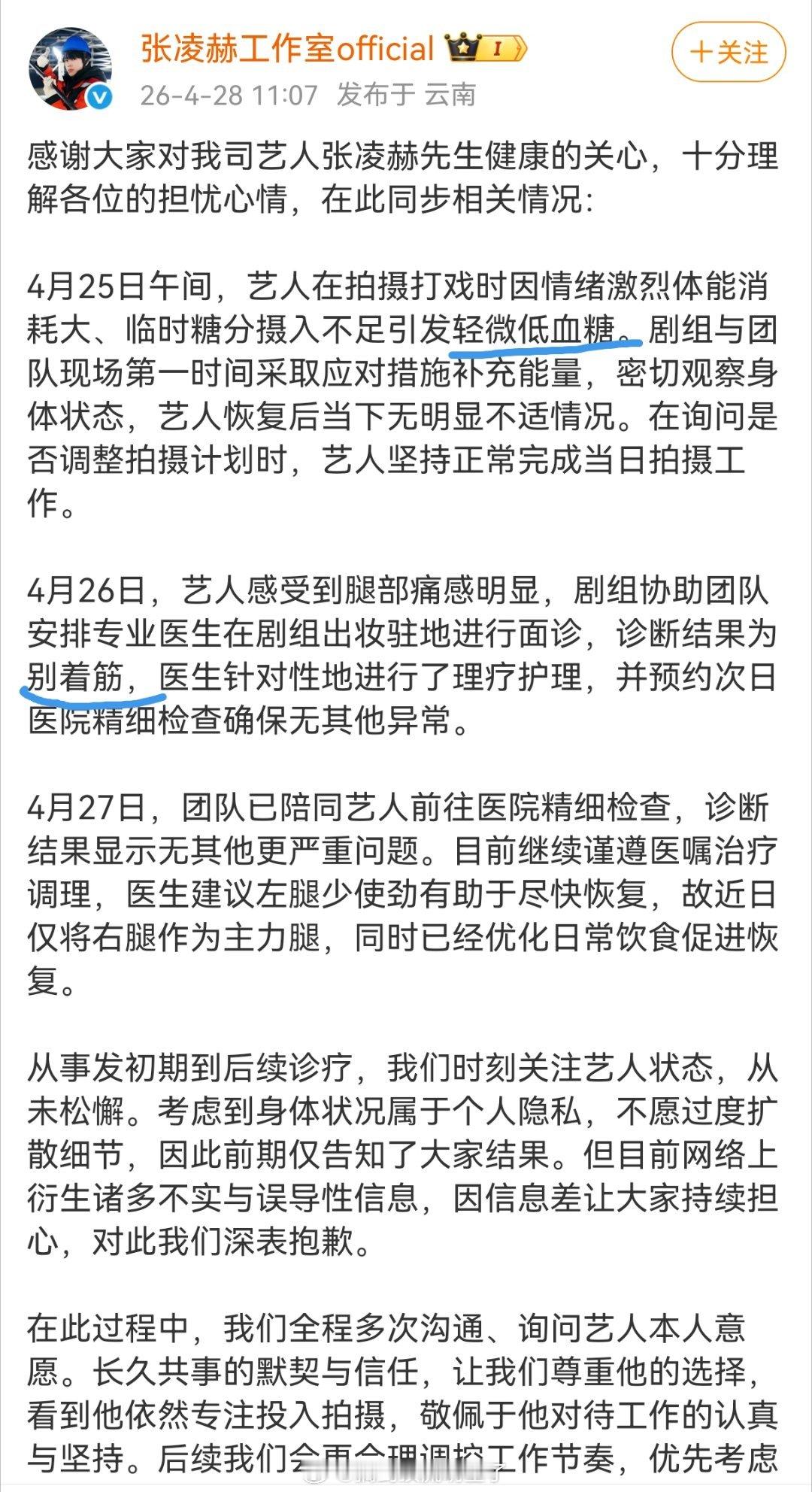 脆皮张凌赫的工作室回应他生病一事，轻微低血糖+腿抽筋... 