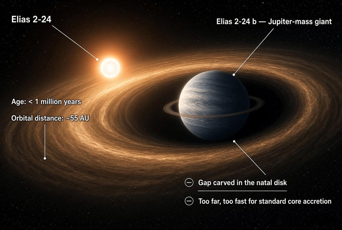 天文学家们已经确认了已知最年轻的行星：Elias 2-24 b。它不到一百万年历