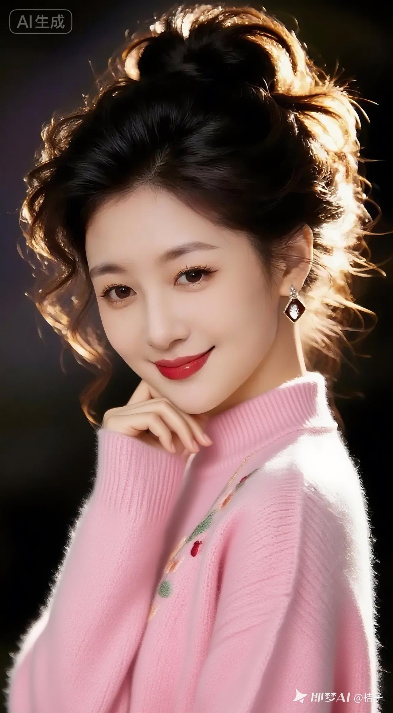 这位美女穿着粉色毛衣，微笑着看向镜头，美女好发型。