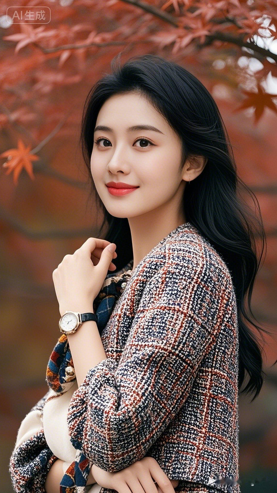 暖阳下，温柔少女与红叶相映成趣