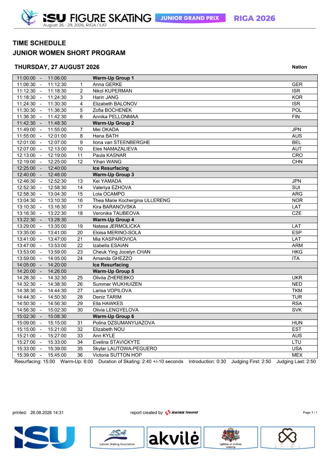 2026jgp拉脱维亚站 jgp拉脱维亚站女单抽签结束，女单短节目出场时间和顺序
