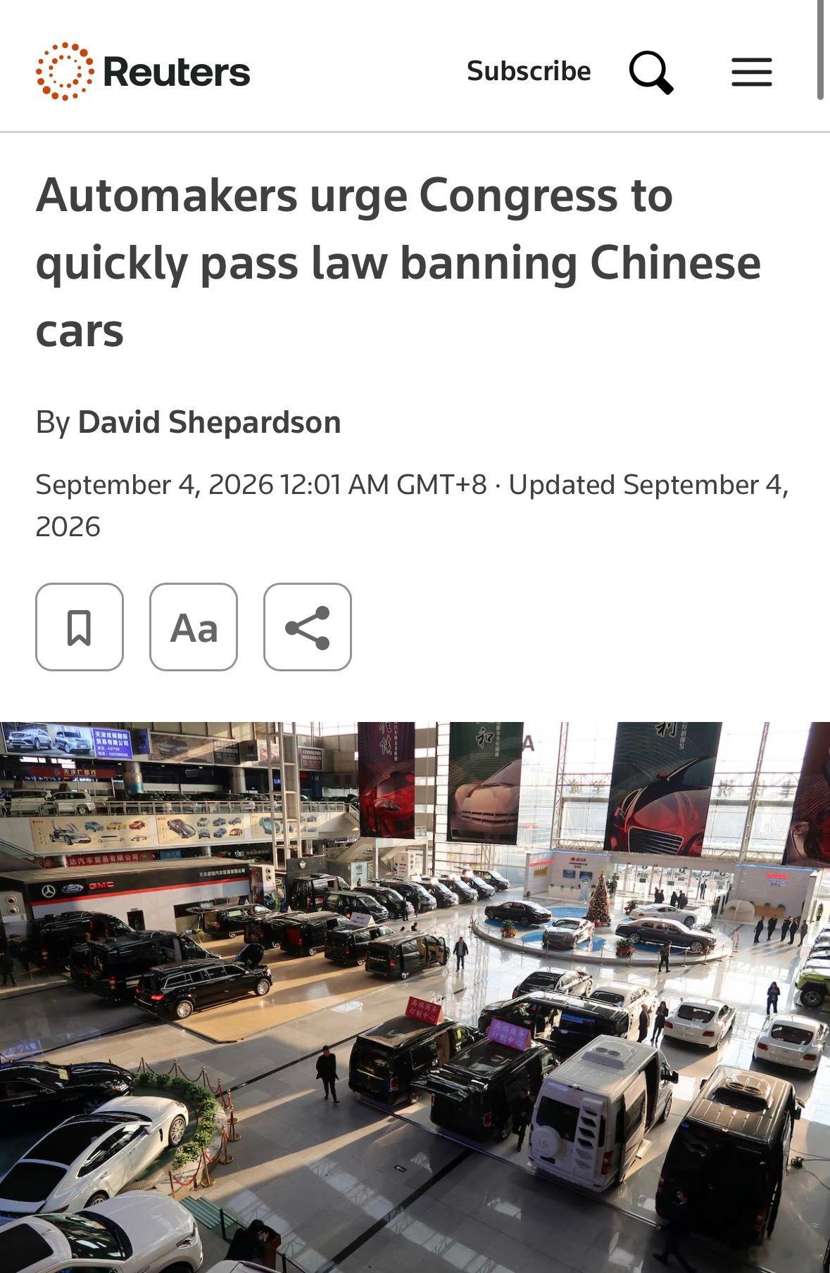 美汽车业协会促国会永久禁中国车美国汽车创新联盟近日致函国会，敦促在年底前立法永久