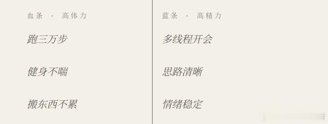 发现高精力和高体力是两种人群高体力是血条，高精力是蓝条，这个比喻还挺精准的。高精