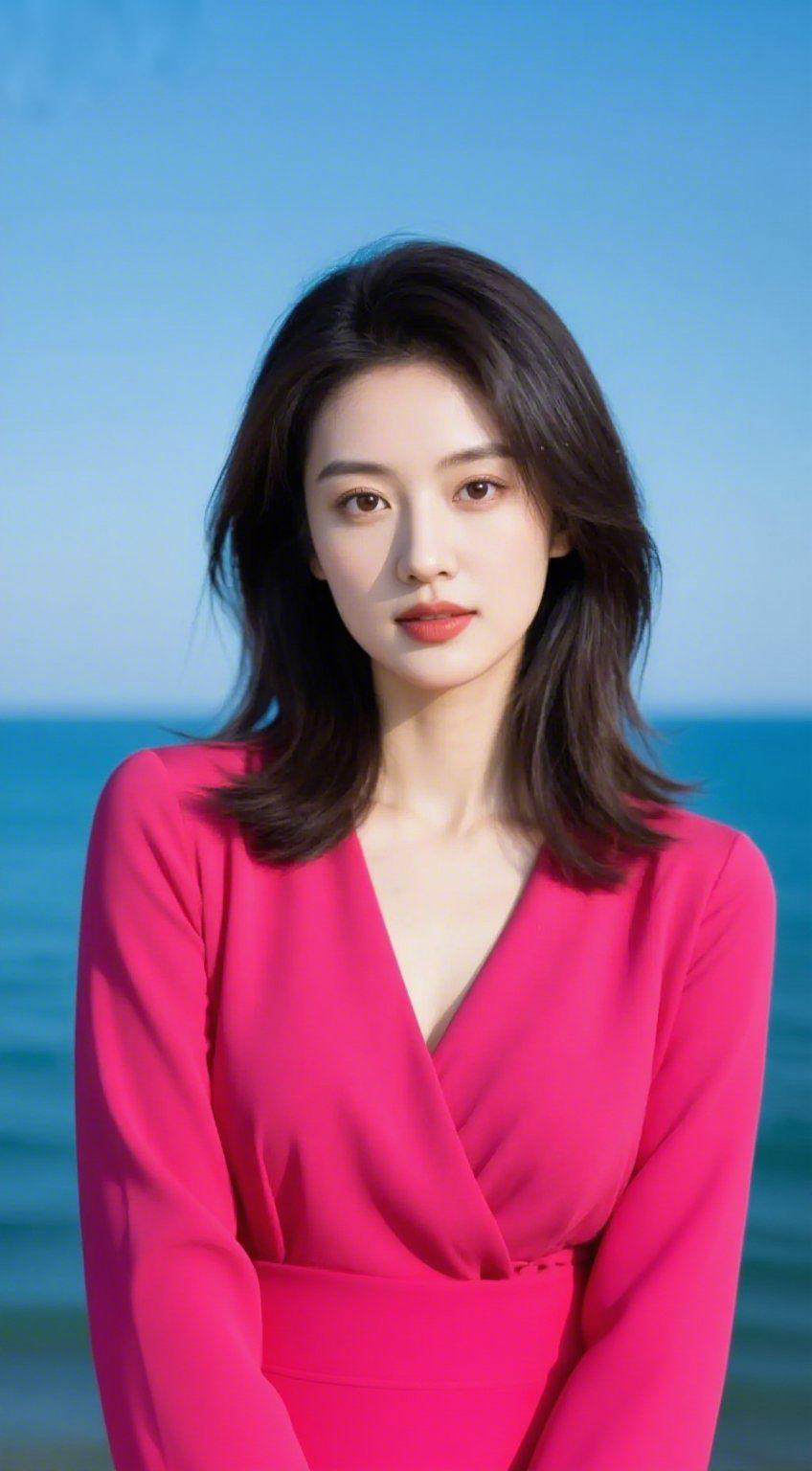 绯衣伴海，晴光裹柔
 
烈绯衣裙轻裹肩臂，衣料垂落的弧度里，浸着海天的澄澈。发梢